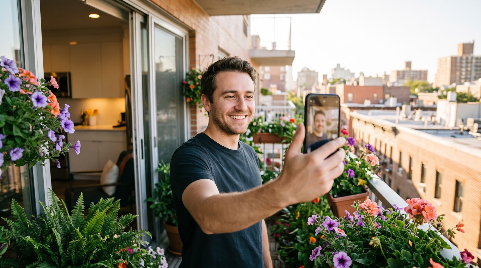 Ein lächelnder Mann nimmt auf einem hellen Stadtbalkon ein kurzes Videotagebuch mit seinem Handy auf