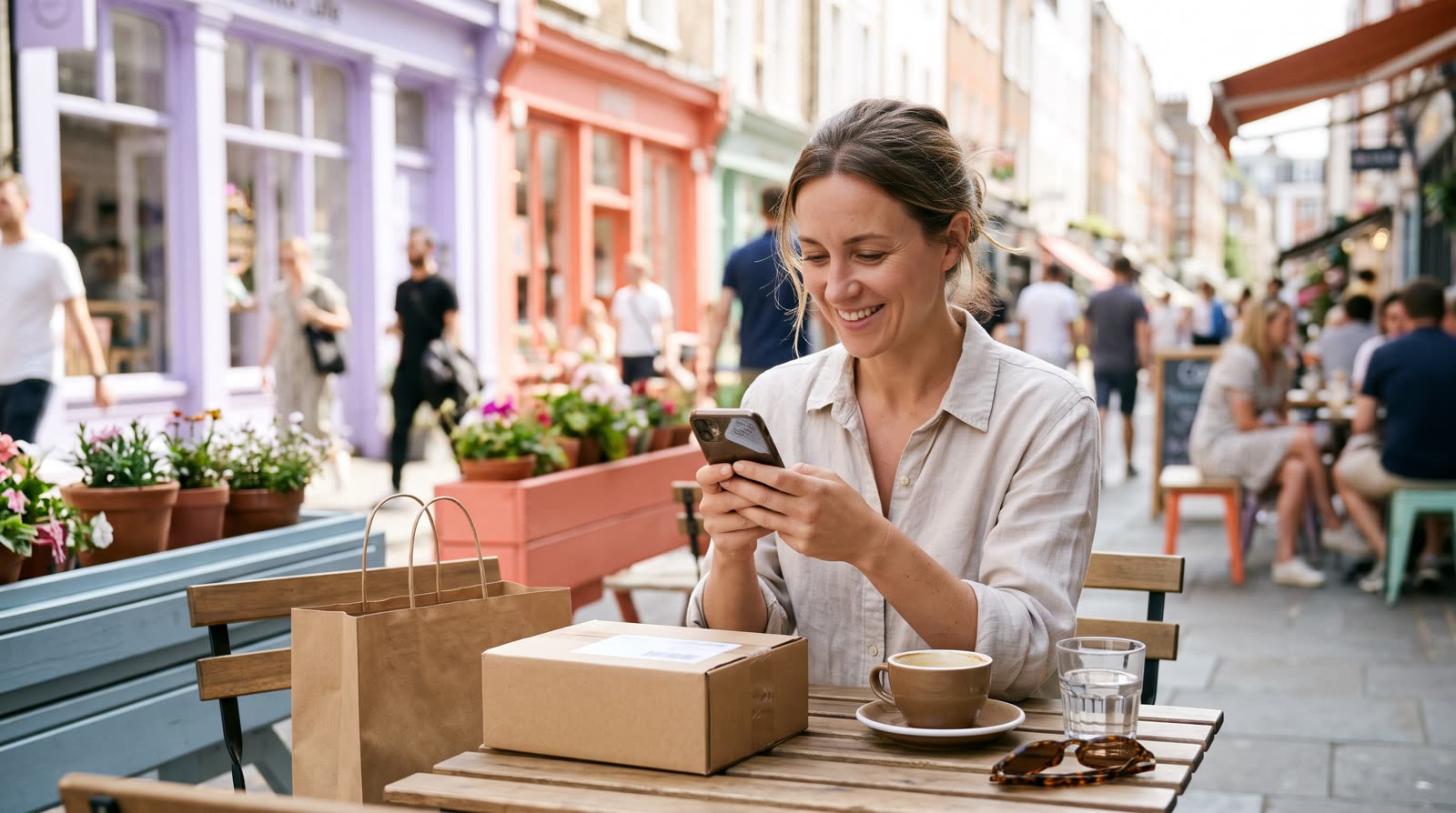 Eine Frau bewertet an einem sonnigen Cafétisch auf ihrem Handy die Schritte einer Online-Bestellung