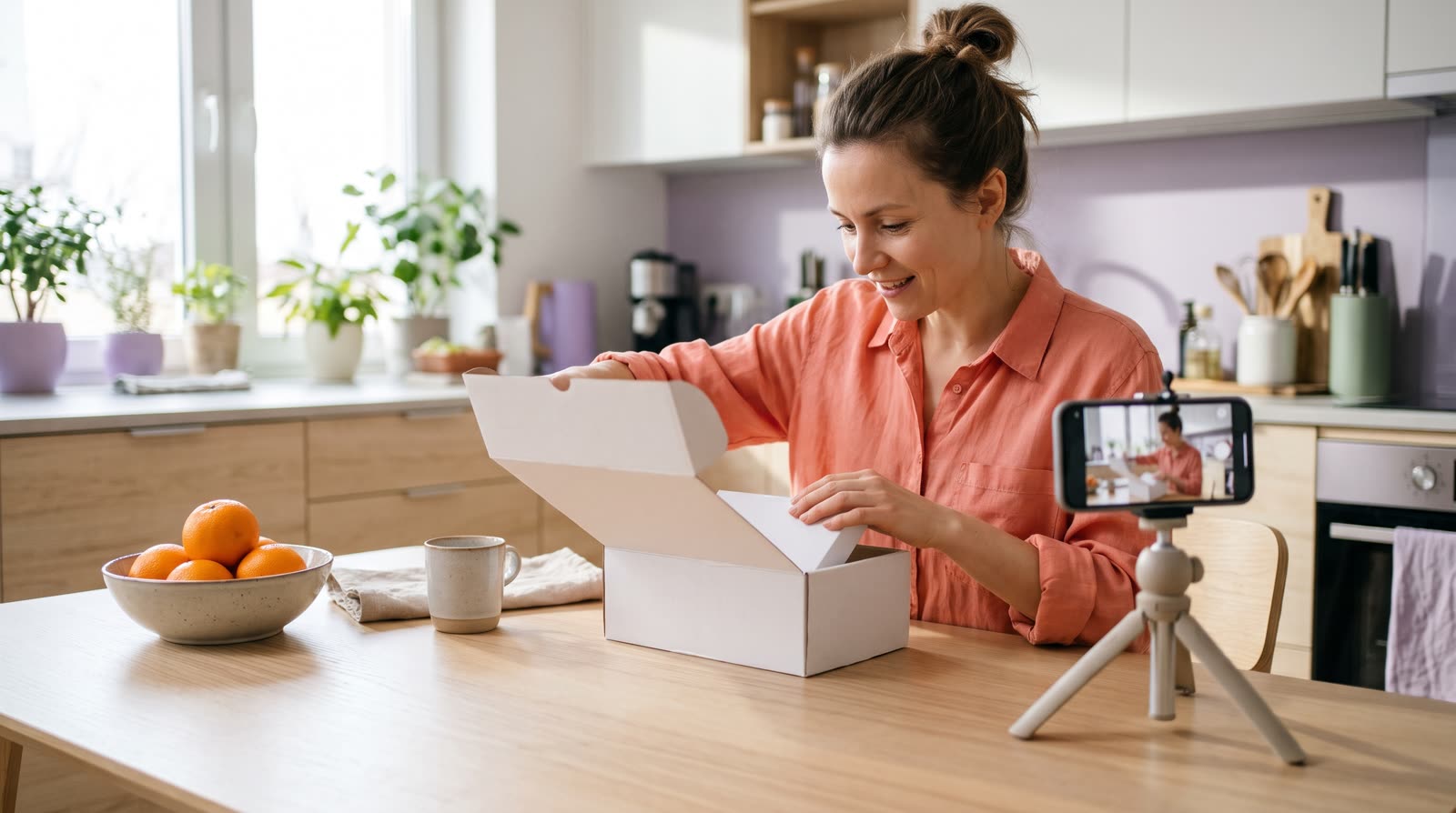 Eine Frau packt an ihrem Küchentisch ein schlichtes weißes Produkt aus, während ihr Handy filmt