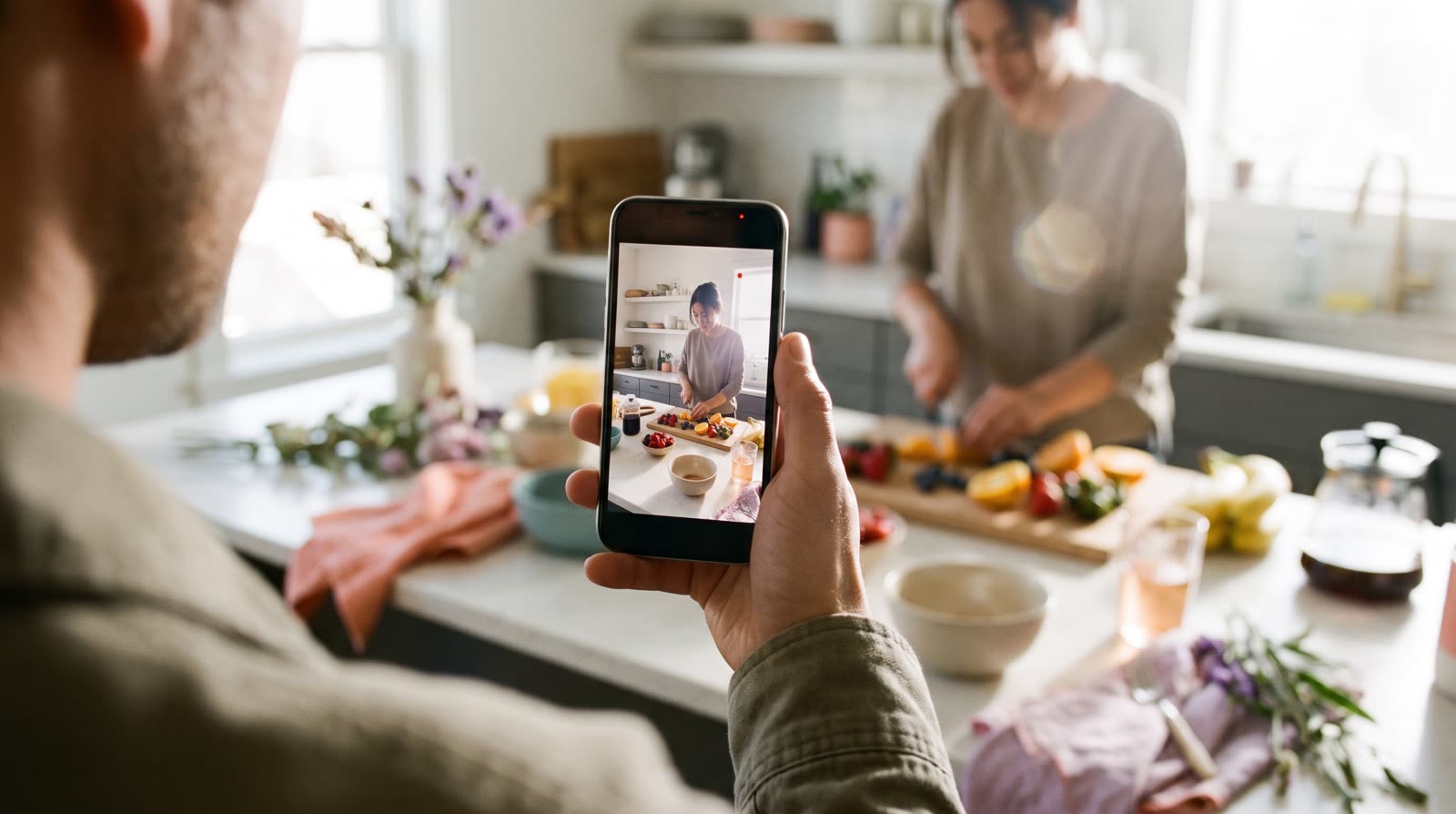 A phone records a person making breakfast