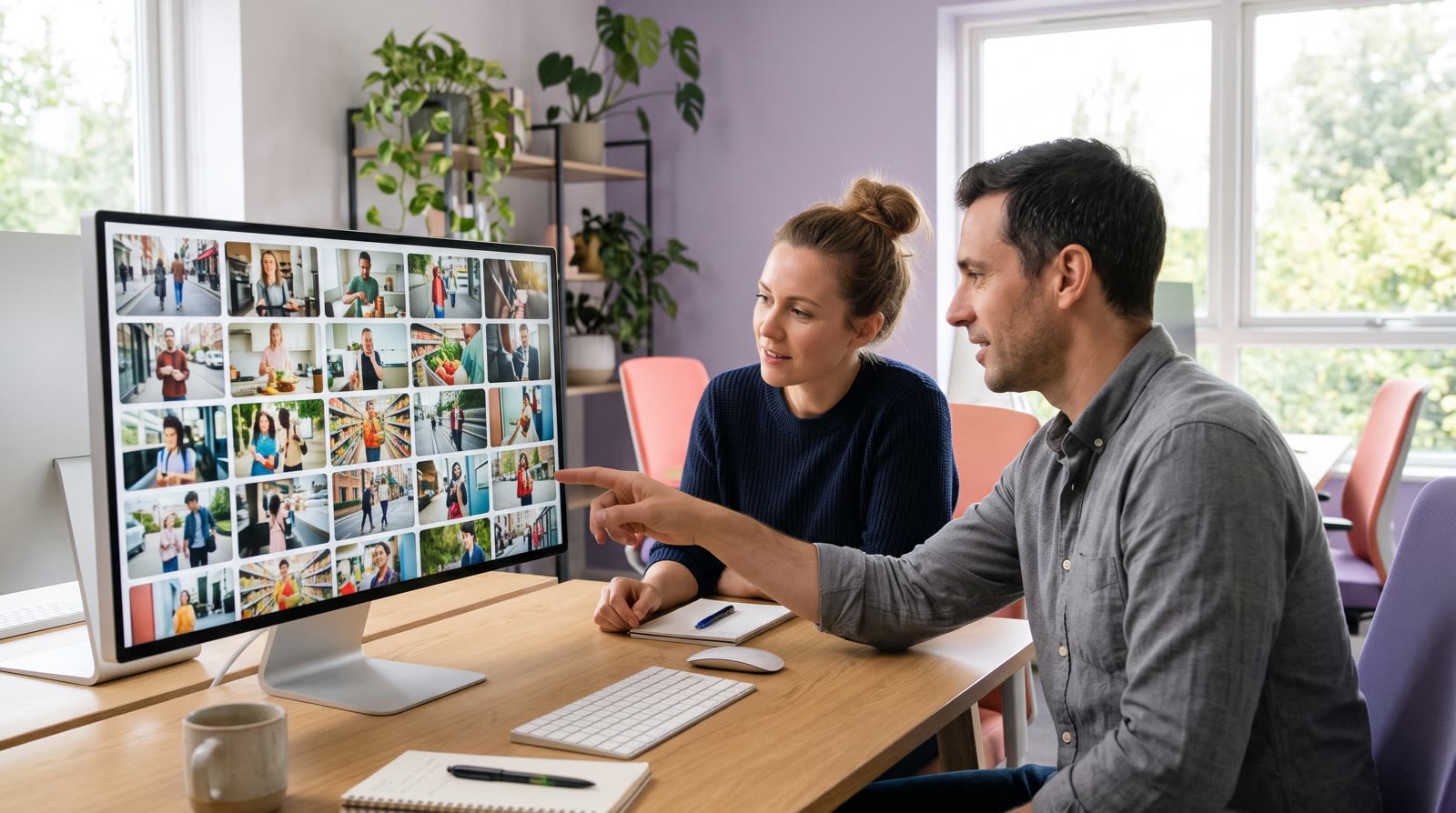 Two researchers review video clips on a large screen