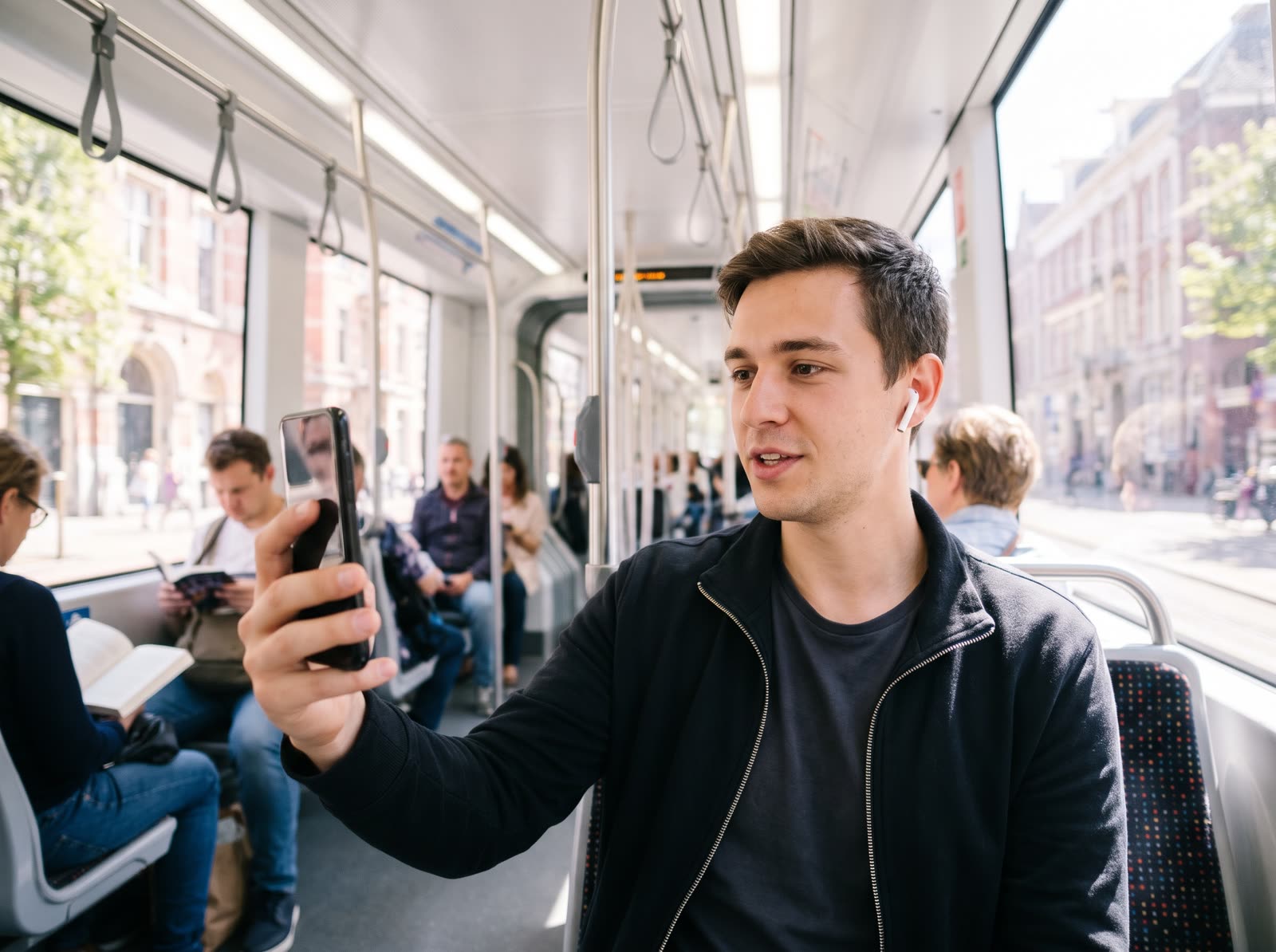 Ein junger Mann nimmt in der Straßenbahn ein Videotagebuch auf