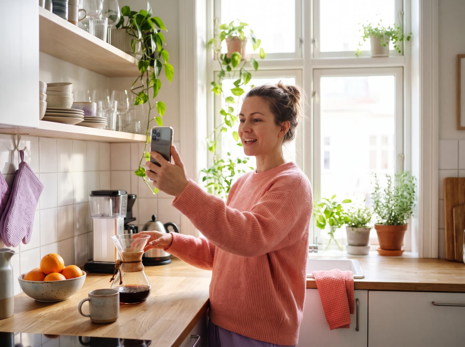 Eine Frau filmt sich in einer hellen Küche beim Kaffeekochen