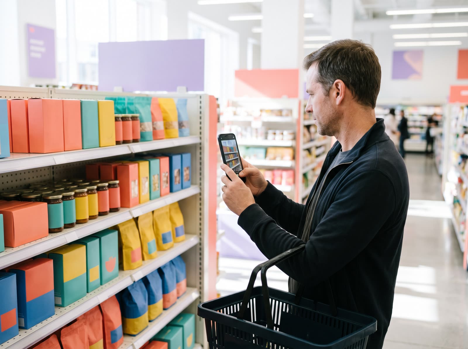 Ein Mann filmt mit dem Handy ein Supermarktregal